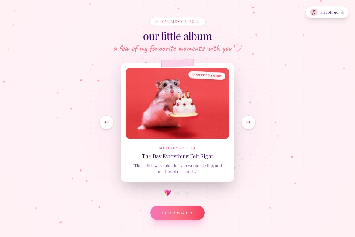 Cute Birthday Website Template - Vinyl Turntable Music Player and Polaroid Scrapbook Carousel