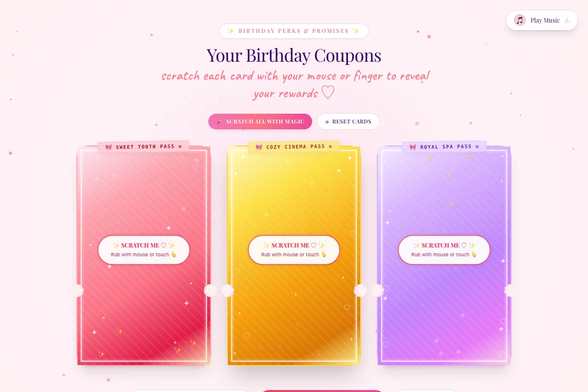 Cute Birthday Website Template - Flower Picking Vase Garden and Scratch Off Birthday Coupon Cards