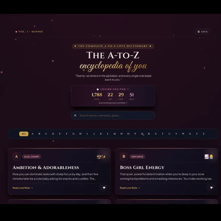 Digital Anniversary Gift for Her, Love Website Template, A-Z Romantic Encyclopedia